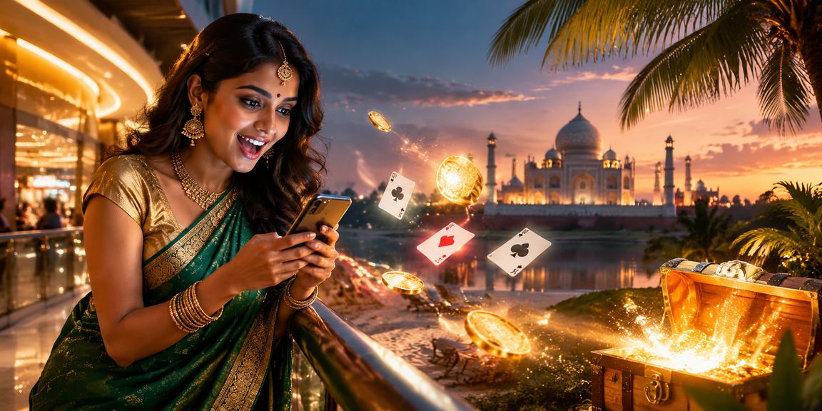 Traditional Indian woman playing Teen Patti near Taj Mahal