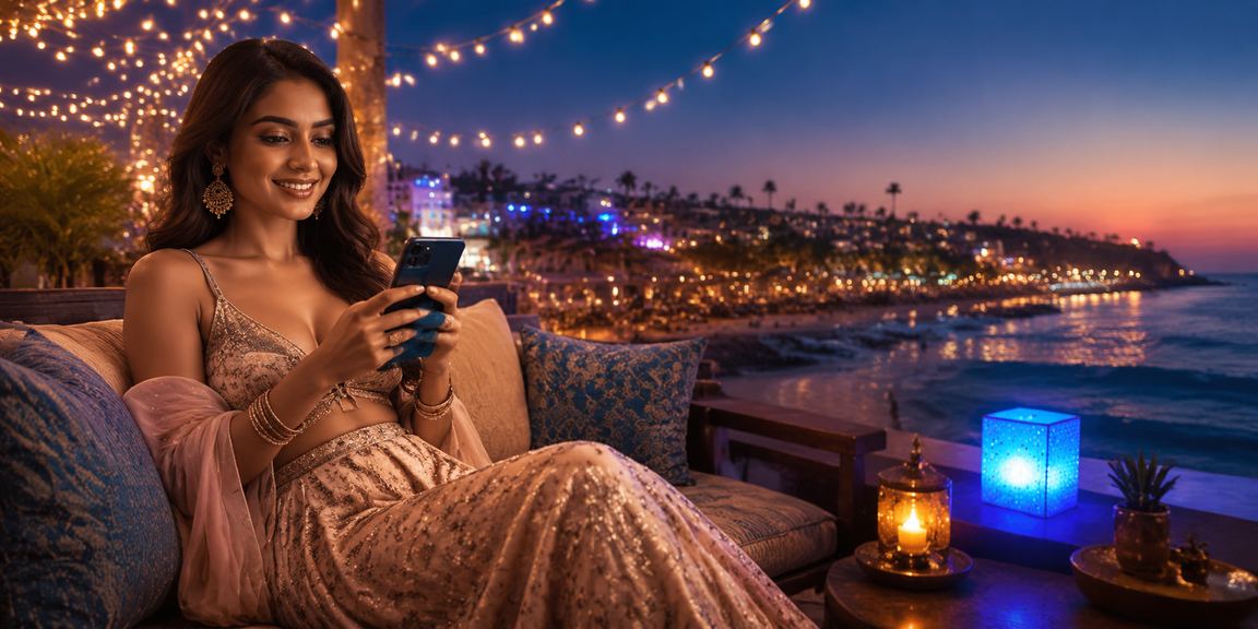 Mobile payment transaction in Bollywood cinema background