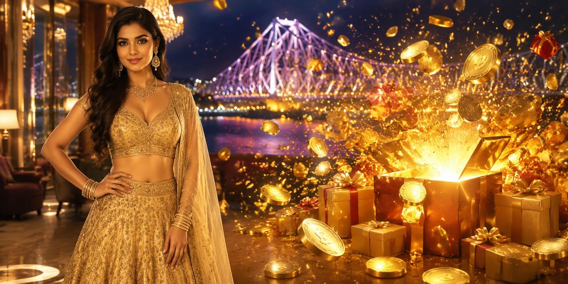 Kolkata woman in colorful lehenga showing cashback bonus on phone